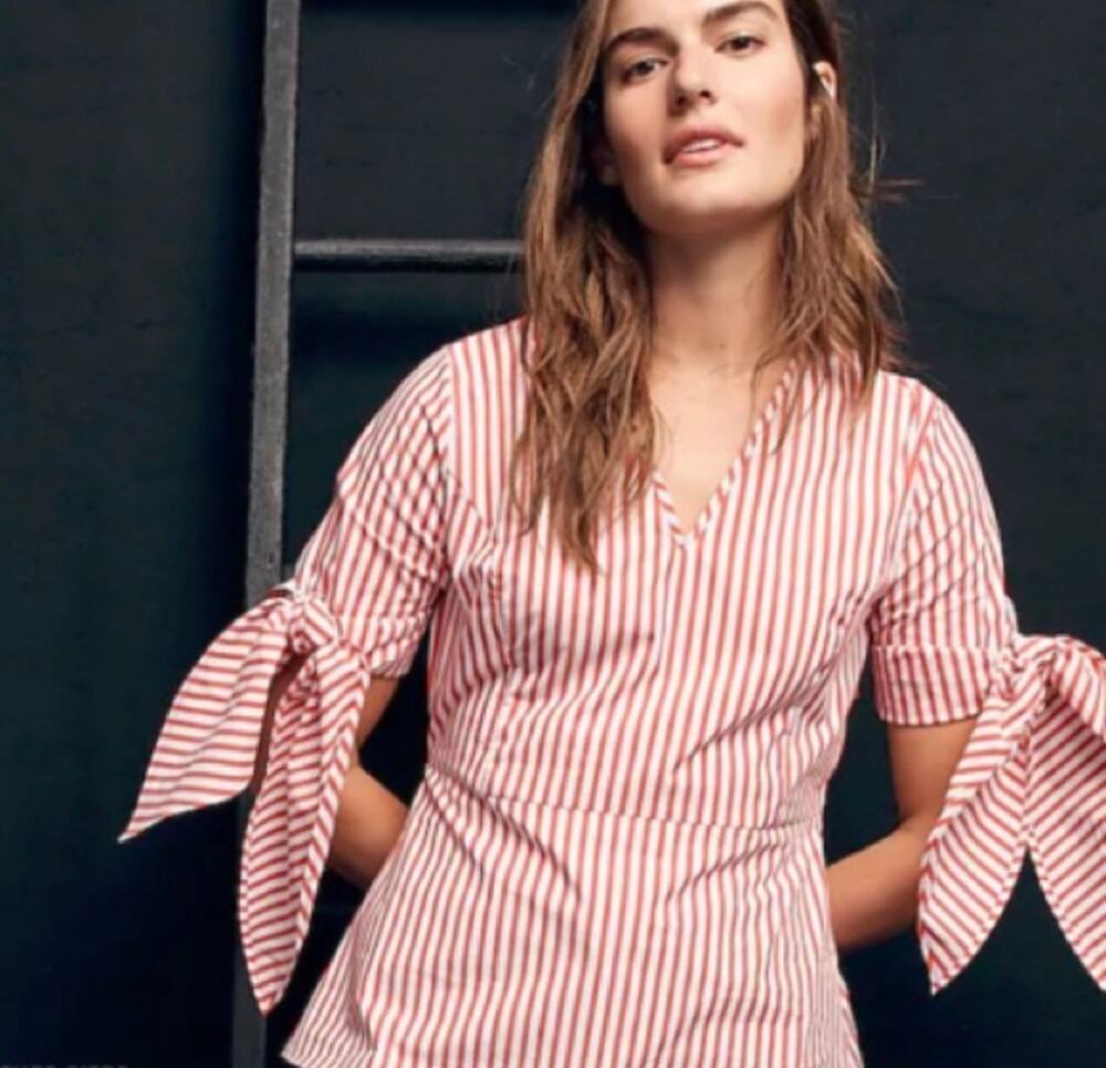 Universal Standard J Crew Striped Poplin Tie Cuff Blouse Top Sz M Preppy Classic